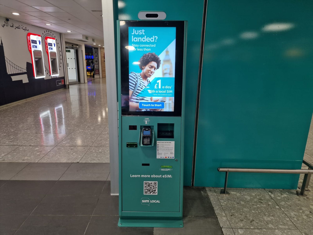 Sim Local Kiosk photographed at Heathow Airport, London.